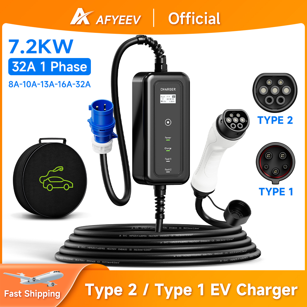 Portable Ev Charger 32A Type 2 Cee Plug - AFYEEV Portable EV Charger Wallbox Type2